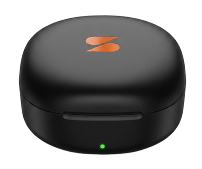 A black oval-shaped wireless earbud charging case with a matte finish, featuring an orange stylized logo on top and a small green LED indicator light near the bottom front, shown against a plain white background.