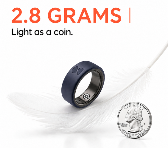 Spark Ring weighs only 2.8 grams - ultra-lightweight smart ring as light as a coin for comfortable all-day wear without fatigue.