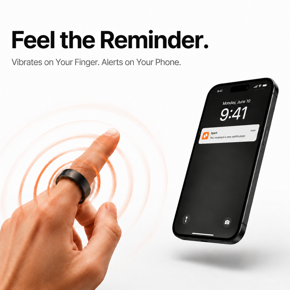Spark Ring fingertip vibration reminder - AI-generated tasks trigger physical vibration alerts on your finger plus push notifications on your phone.