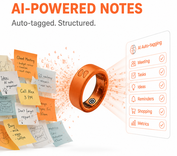 Spark Ring AI powered notes organizer - automatically structures voice memos and adds smart tags to your recordings for easy retrieval.