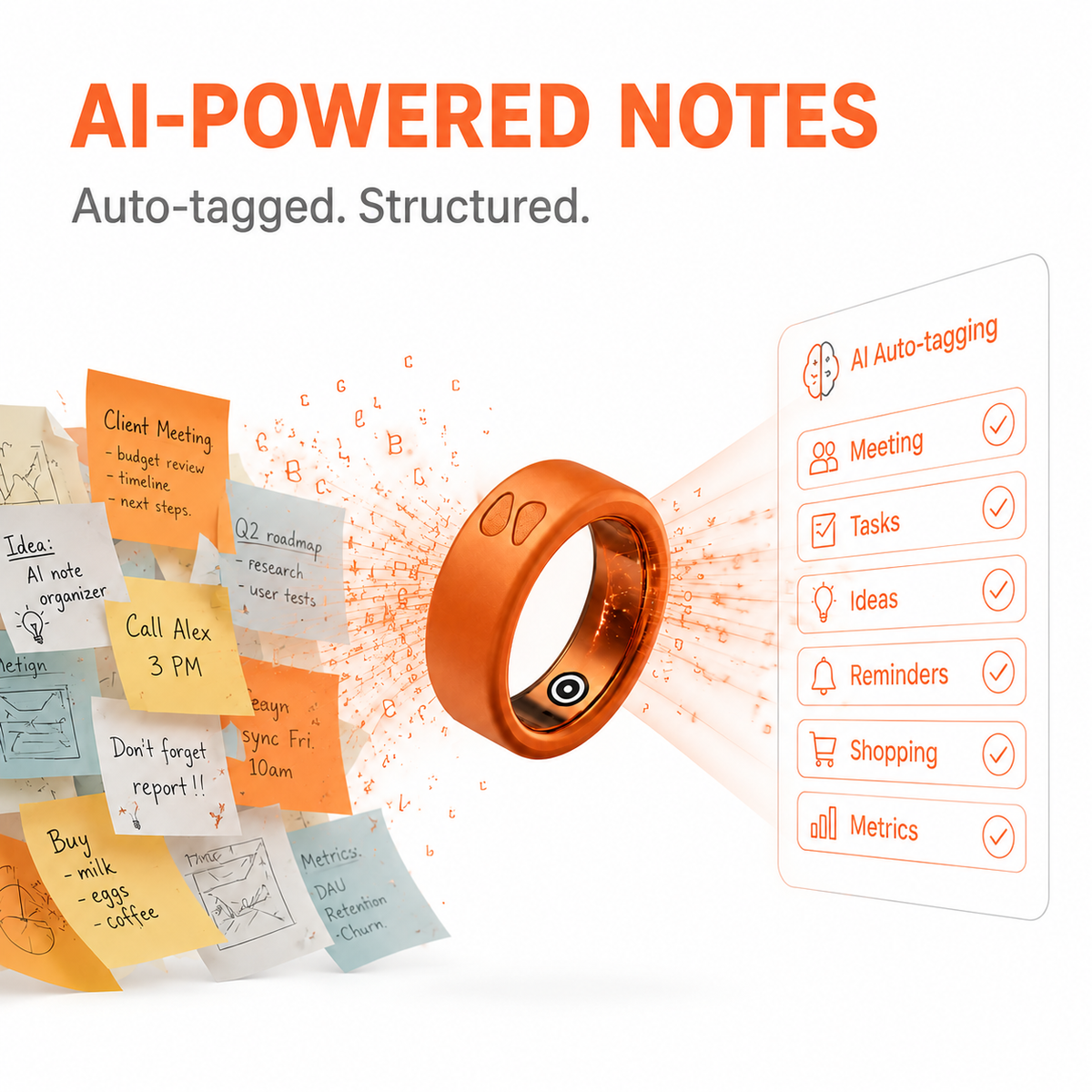 Spark Ring AI powered notes organizer - automatically structures voice memos and adds smart tags to your recordings for easy retrieval.