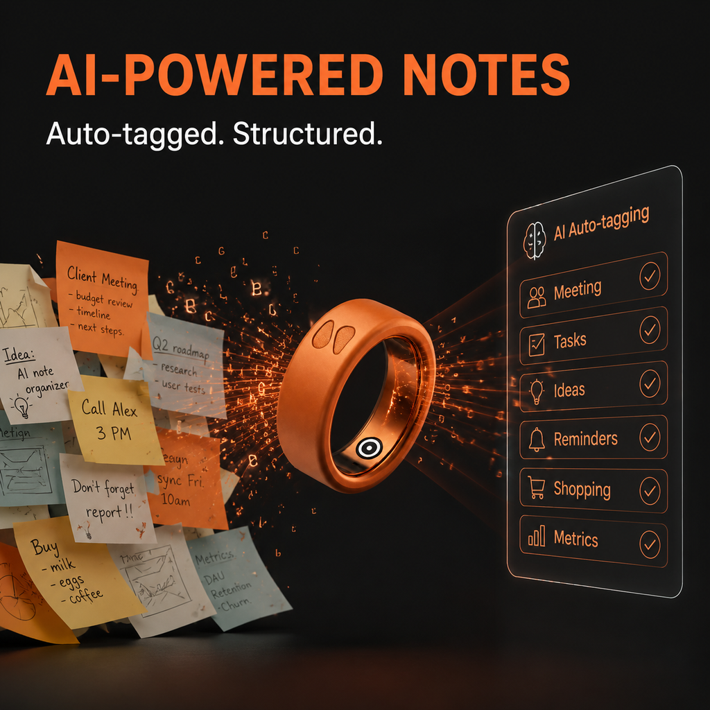 Spark Ring AI powered notes organizer - automatically structures voice memos and adds smart tags to your recordings for easy retrieval.