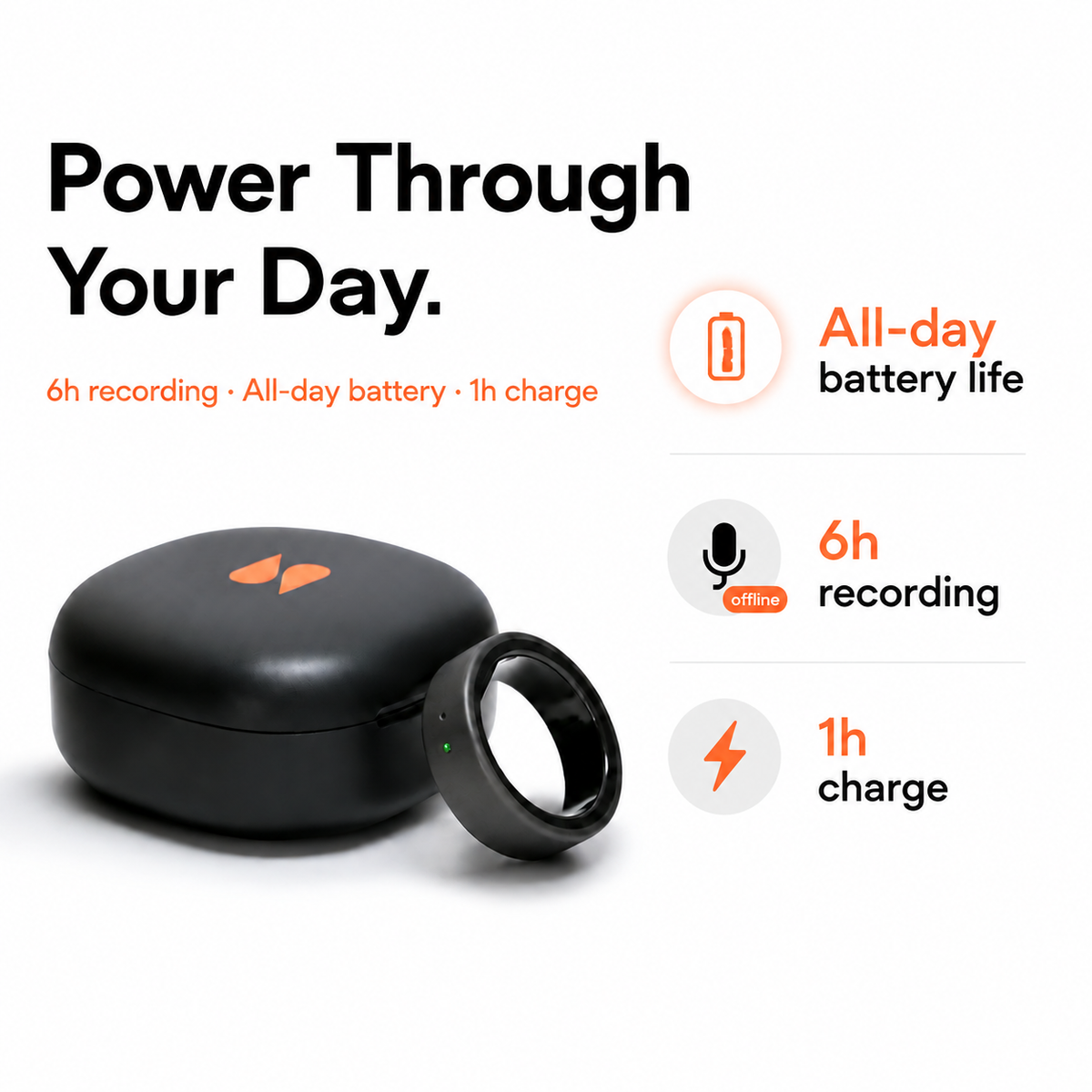 Spark Ring with all-day battery life, 6 hours of continuous recording, and 1 hour fast charge - offline voice capture without needing your phone.