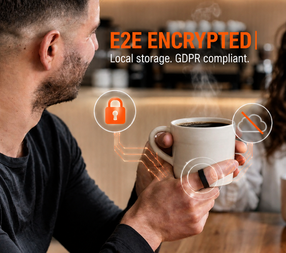 Spark Ring end-to-end encrypted voice recorder with local storage - GDPR compliant smart ring keeping all data on device for maximum privacy.