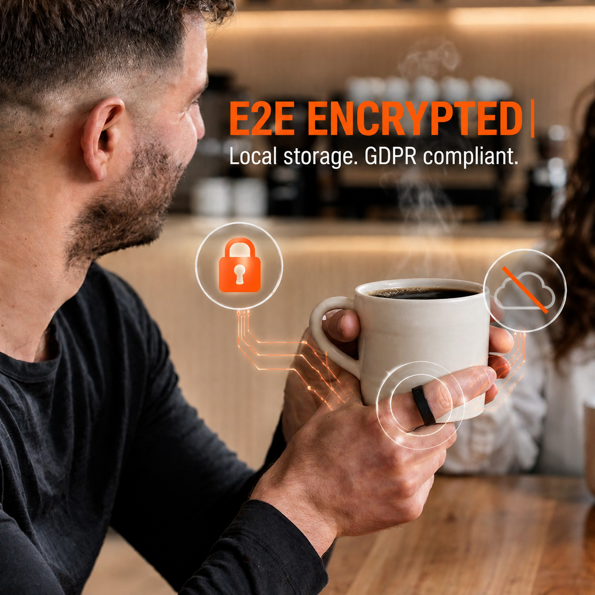 Spark Ring end-to-end encrypted voice recorder with local storage - GDPR compliant smart ring keeping all data on device for maximum privacy.