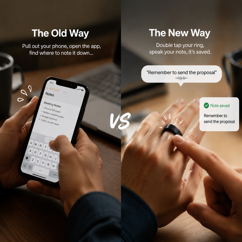 Spark Ring old way vs new way comparison - pull out phone open app find notes vs double tap ring speak note saved instantly.