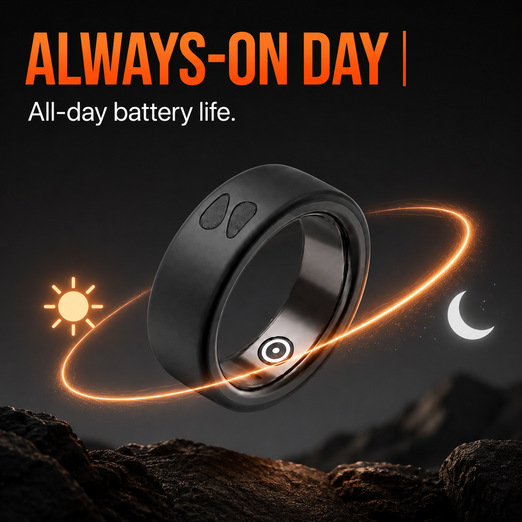 Spark Ring always-on all-day battery - long-lasting smart ring with a multi-day charging case for uninterrupted daily use.