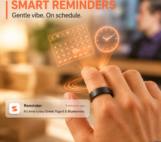 Spark Ring smart reminders feature - gentle vibration and phone alerts for scheduled tasks and calendar events on a wearable device.