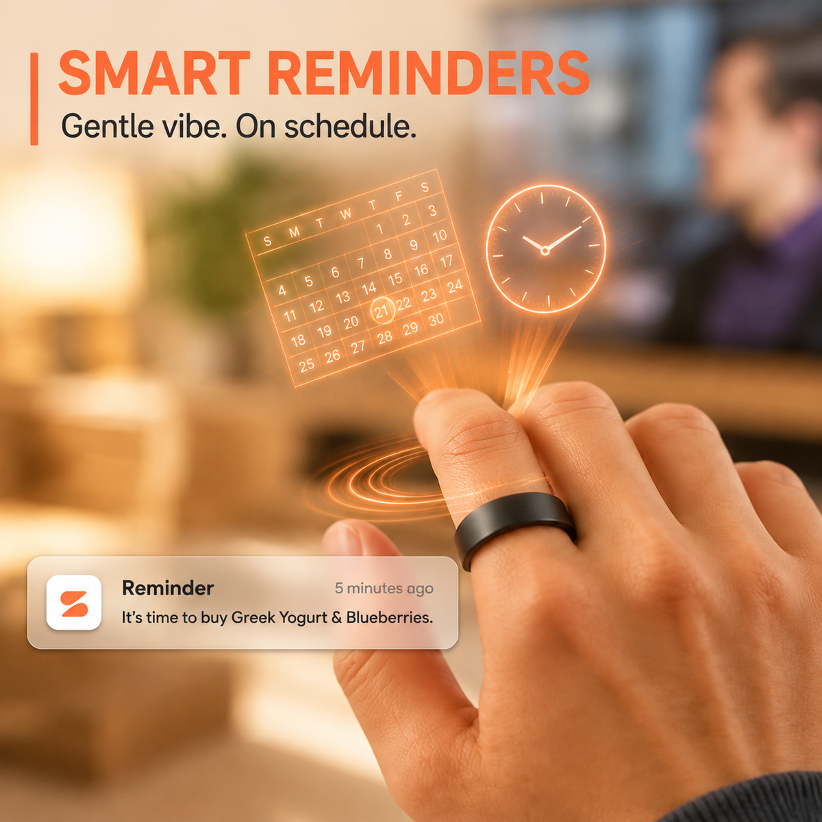 Spark Ring smart reminders feature - gentle vibration and phone alerts for scheduled tasks and calendar events on a wearable device.