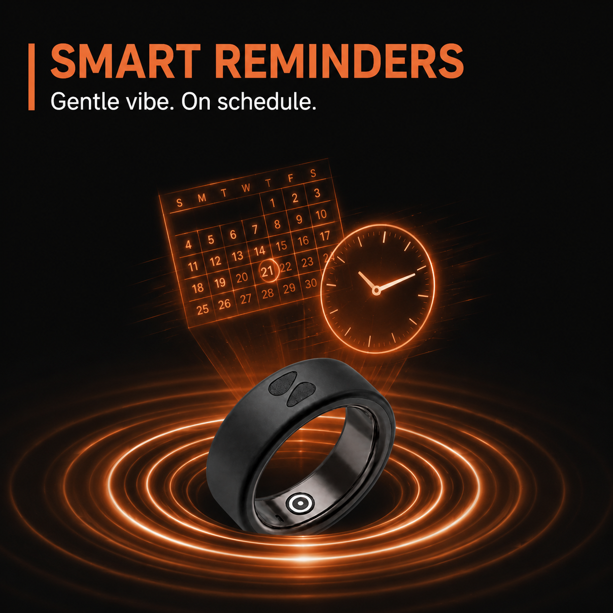Spark Ring smart reminders feature - gentle vibration and phone alerts for scheduled tasks and calendar events on a wearable device.