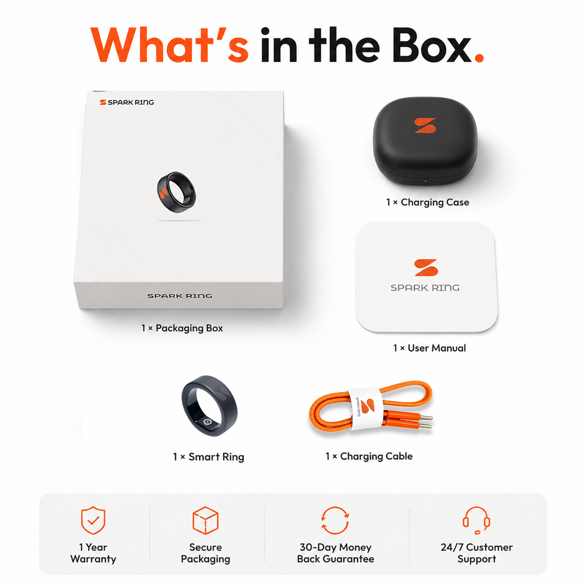 Spark Ring smartwatch packaging and included accessories on a white background, with text reading 'What's in the Box.' The box is shown alongside a black charging case, a white user manual, a black smart ring, and an orange charging cable.