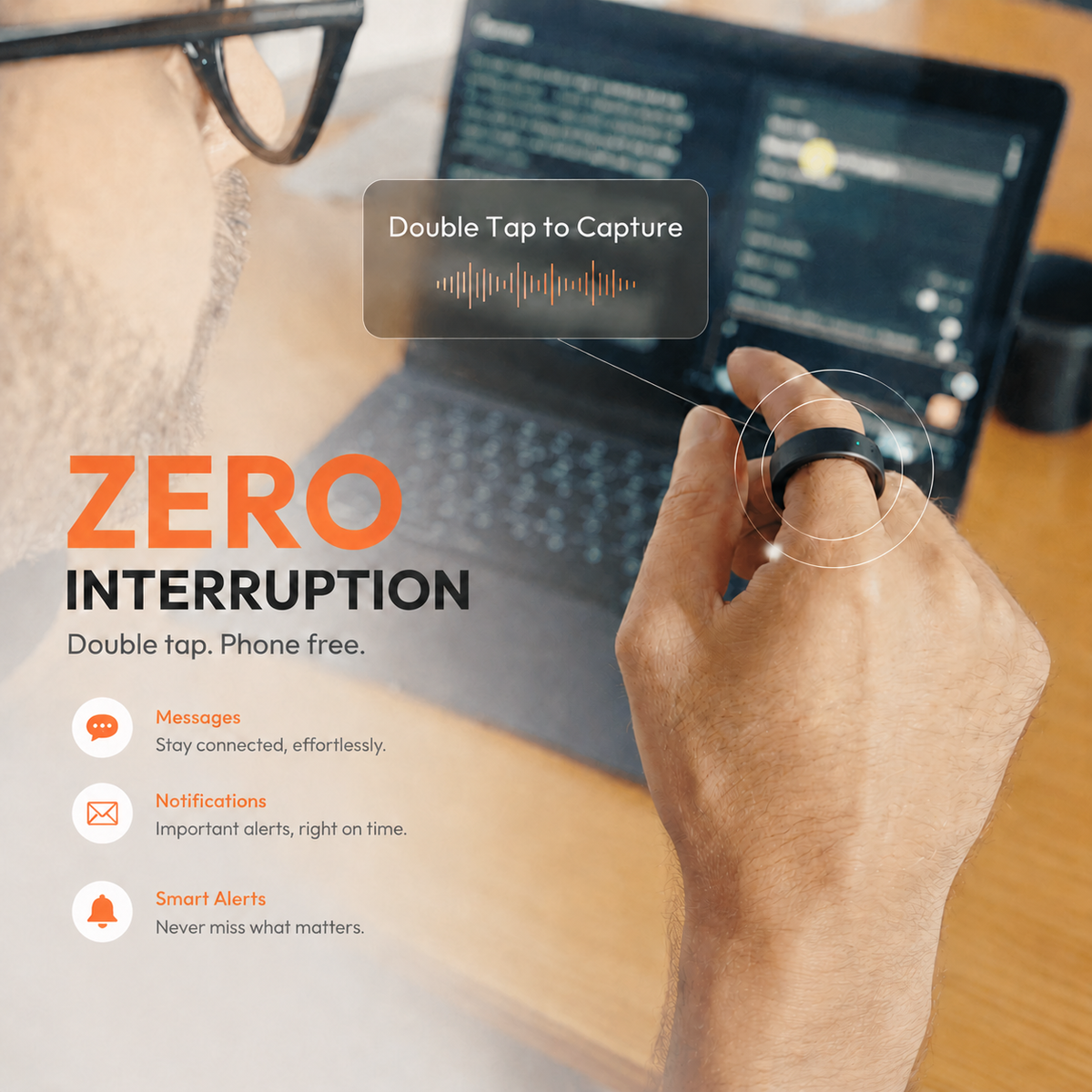Spark Ring zero interruption smart ring - capture thoughts with a double tap without picking up your phone.